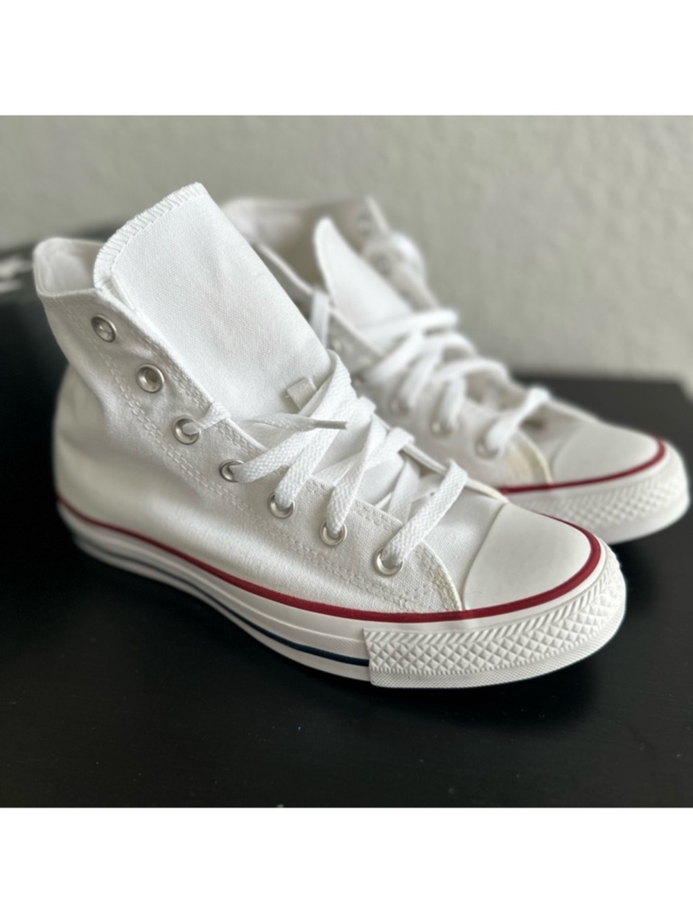 Converse White High Top Sneakers with Red & Blue Stripe